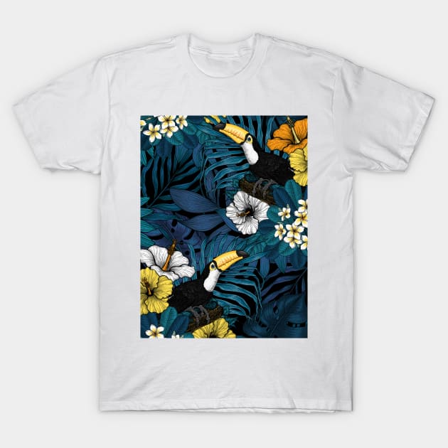 Toucans amd tropical flora, blue , yellow , orange and white T-Shirt by katerinamk